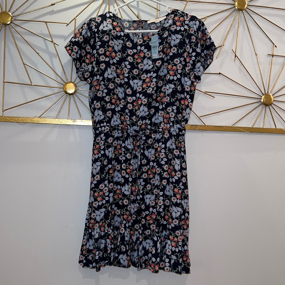 LOFT Petite Floral Godet Drawstring Dress